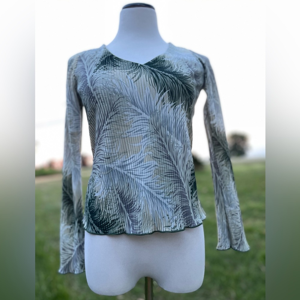 Y2K Maria Gabrielle New York Blouse Green White Ribbed Satiny Blouse Size Medium
